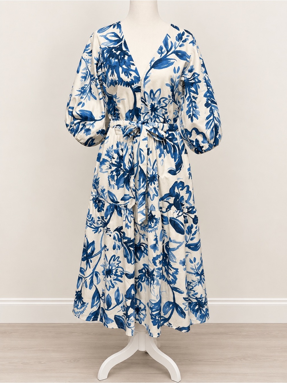 FIGUE Joyce Porcelain Floral Blue Cotton Midi Dress Size 4